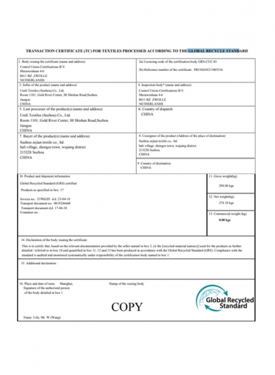 GLOBAL RECYCLE STAND CT CETIFICATE