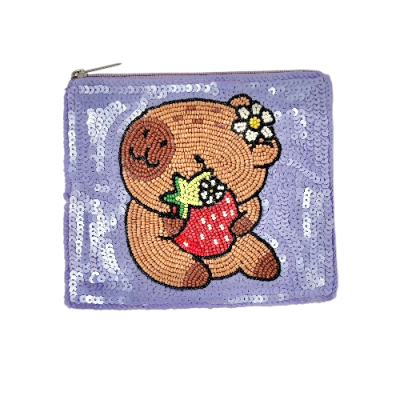 Capybara Lavender Beaded Pouch